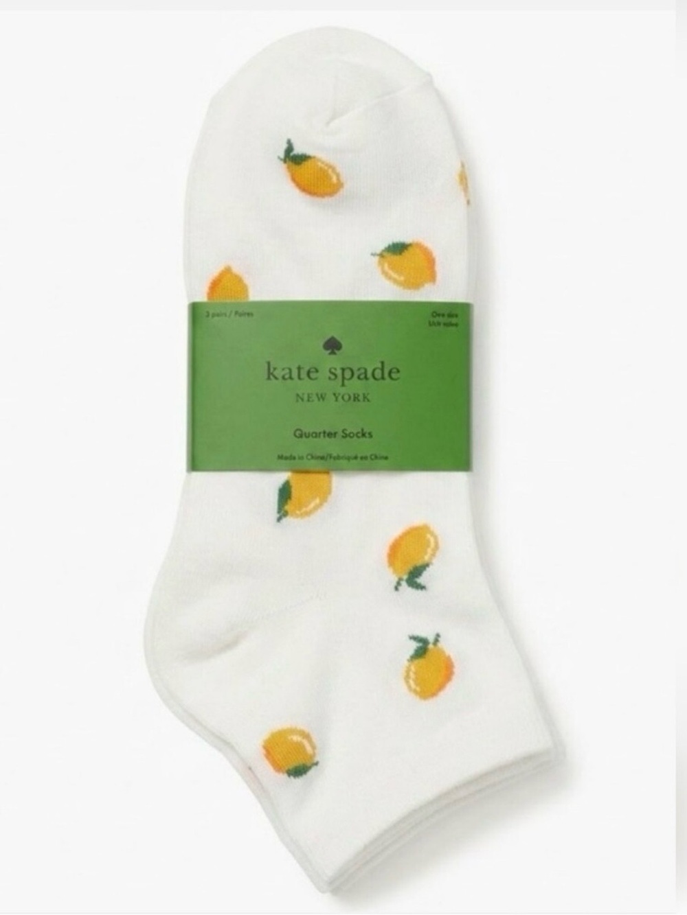 KATE SPADE Quarter Socks Pk Of 3 - Lemon Print, White and Grey